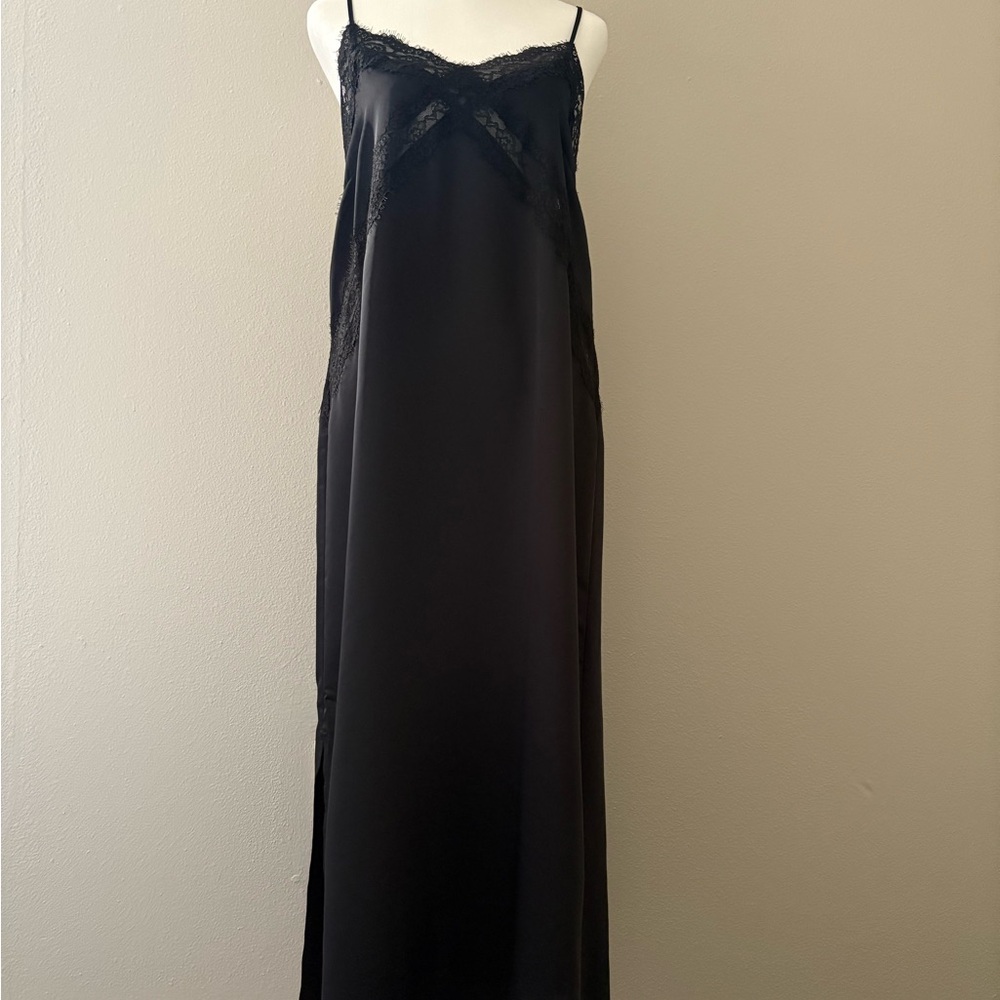 Elegant Black Satin Lace Slip Dress